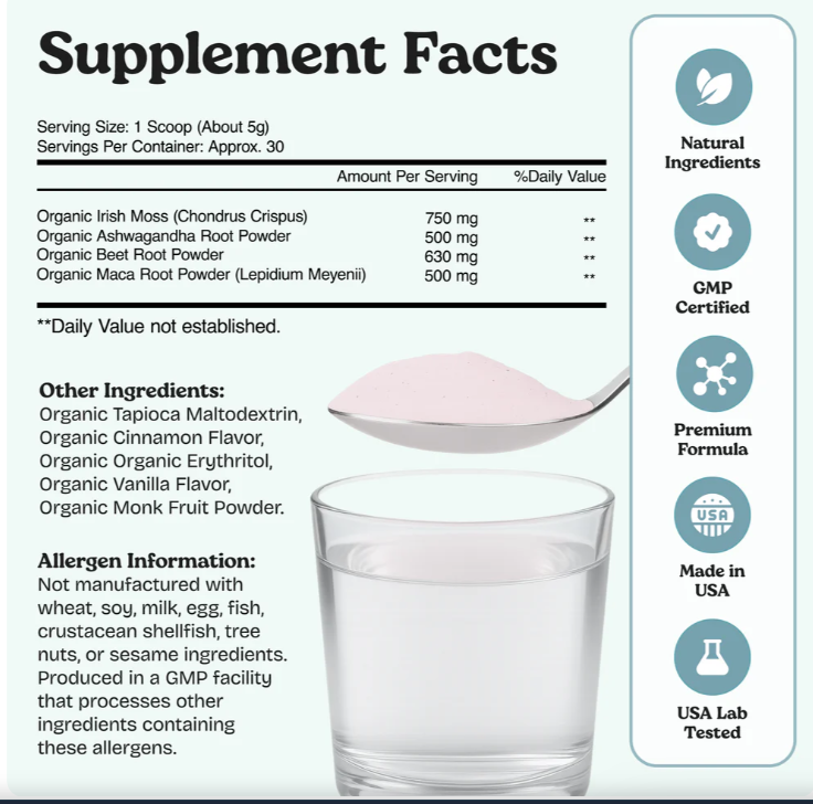 Organic Sea Moss Superfood Powder with Ashwagandha, Beet Root & Maca
